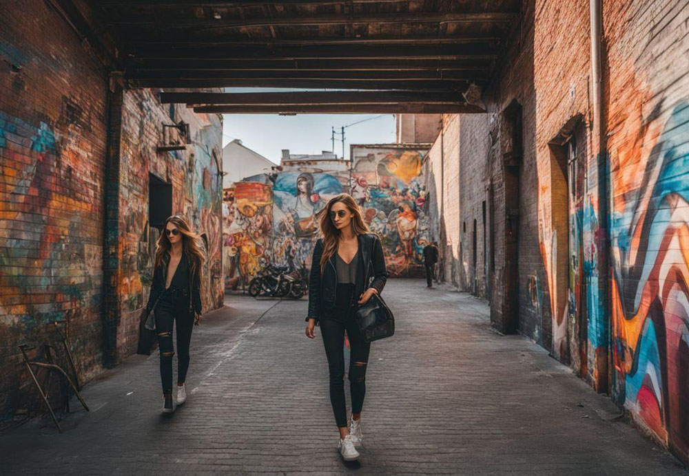 Two women walking in a alley