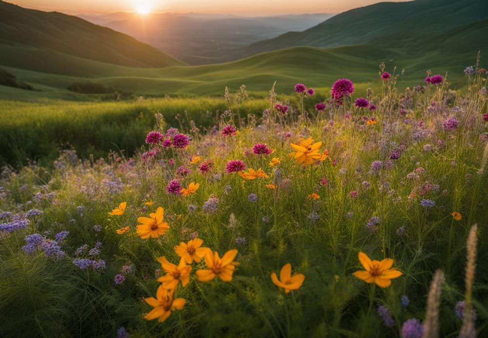 A field of flowers with hills in the background