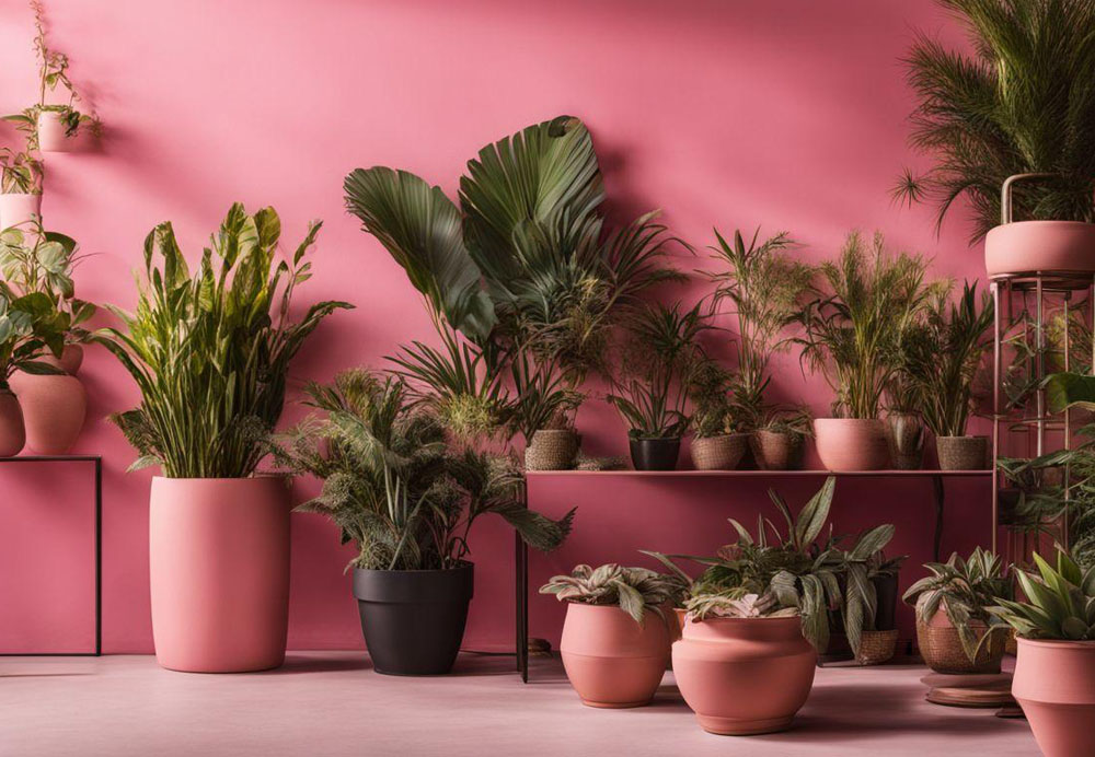 A group of potted plants in pink pots