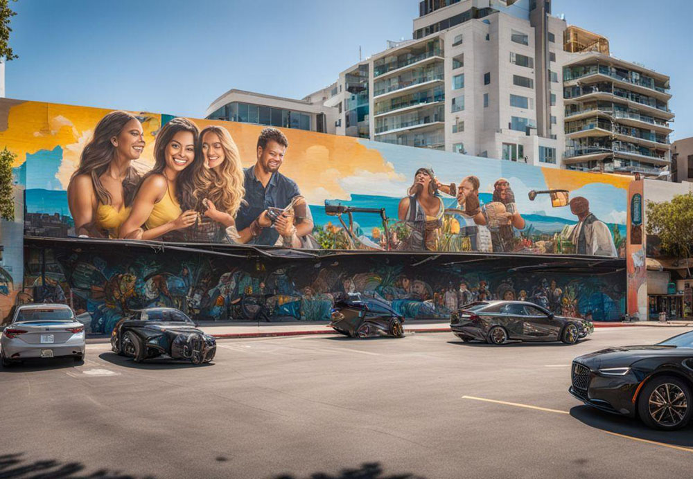 A parking lot with cars and a mural on the side