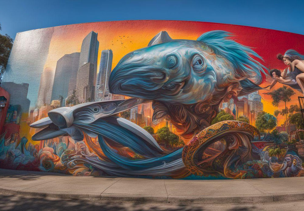 A mural of a fish and a city