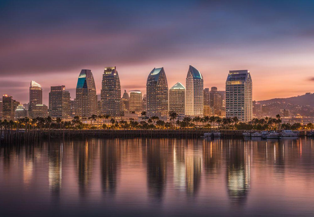 A city skyline with a body of water