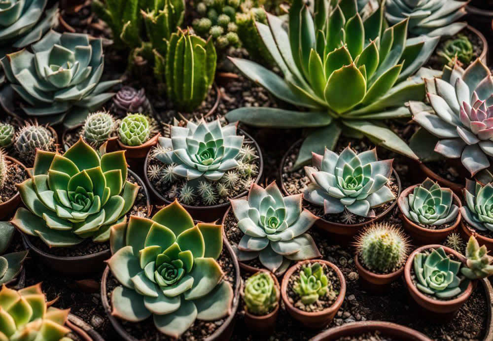 A group of succulent plants in pots