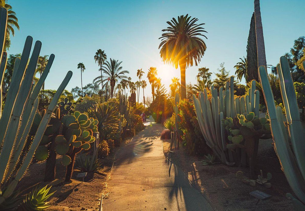 A path with cactuses and palm trees