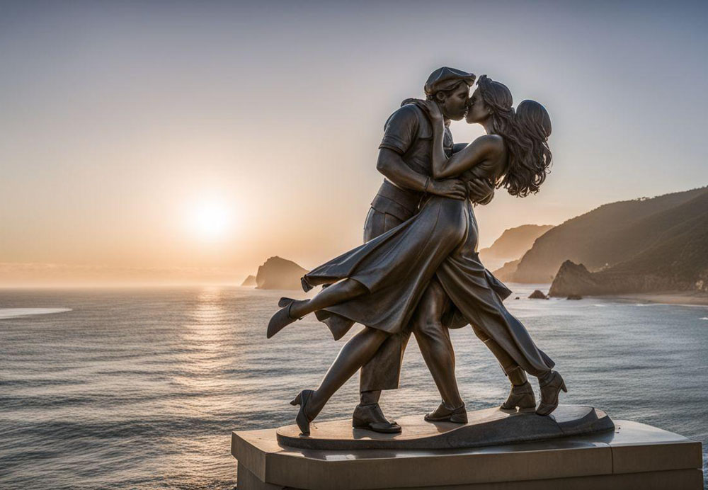 A statue of a person and person kissing by the water