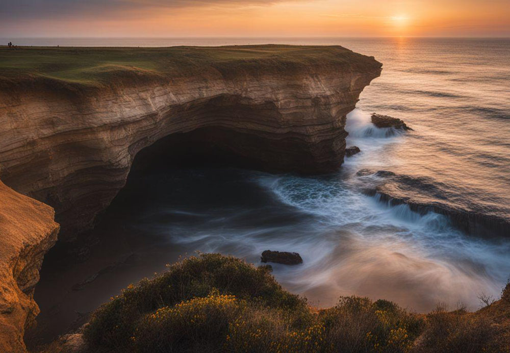 A cliff with a hole in the water with medium confidence