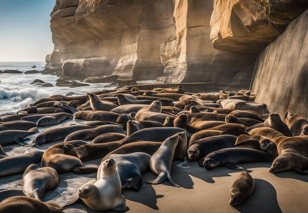 A group of seals lying on the beach