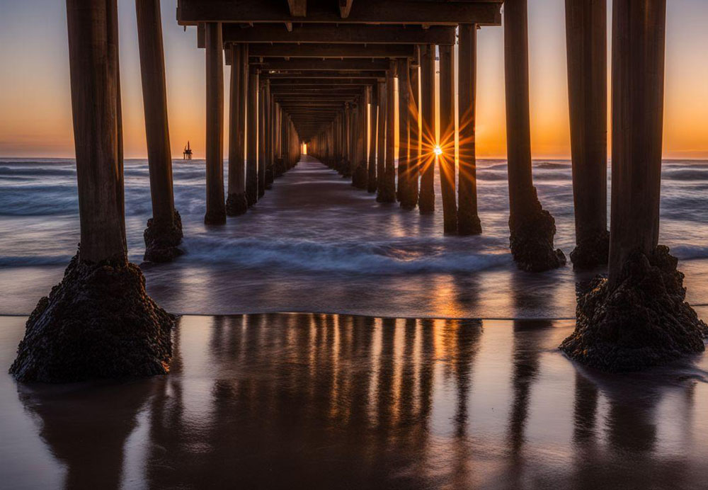 A pier with the sun shining through