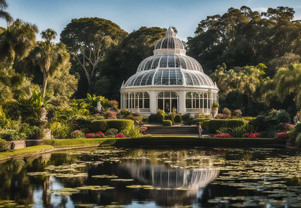 A glass building with a domed roof surrounded by trees