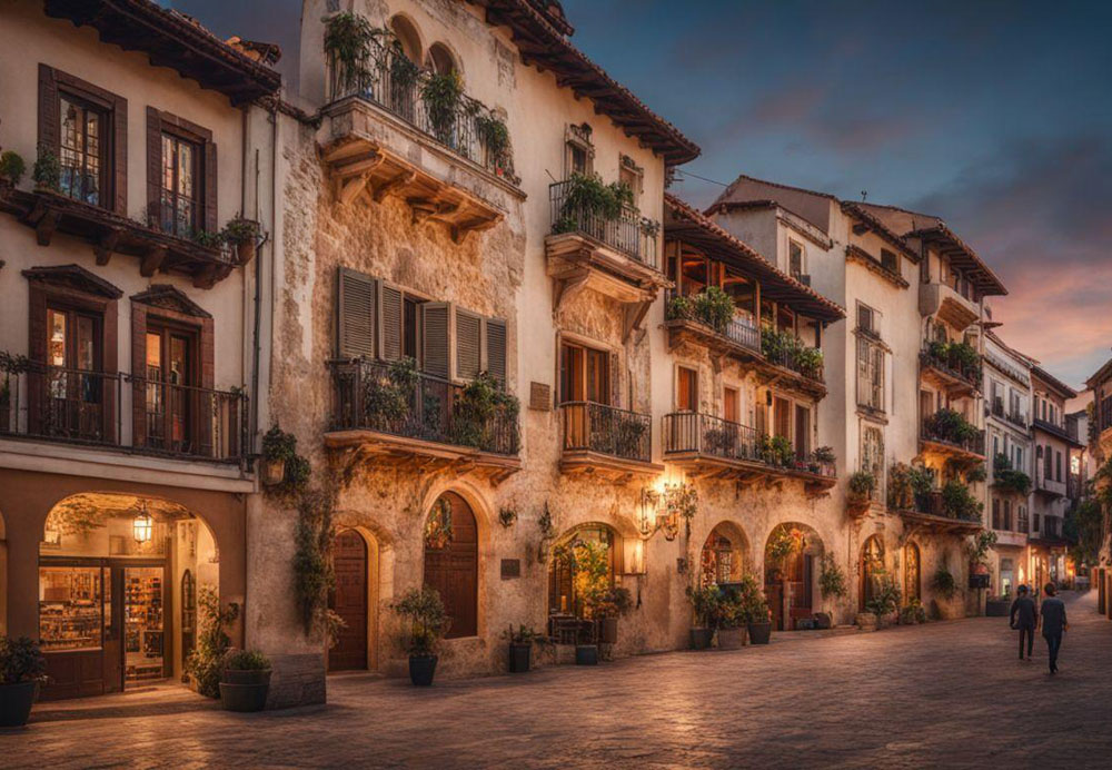 A row of buildings with plants on the side