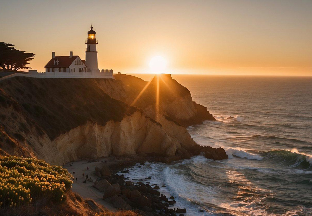 The sun sets over the iconic lighthouse at Cabrillo National Monument, casting a warm glow on the rugged cliffs and crashing waves below