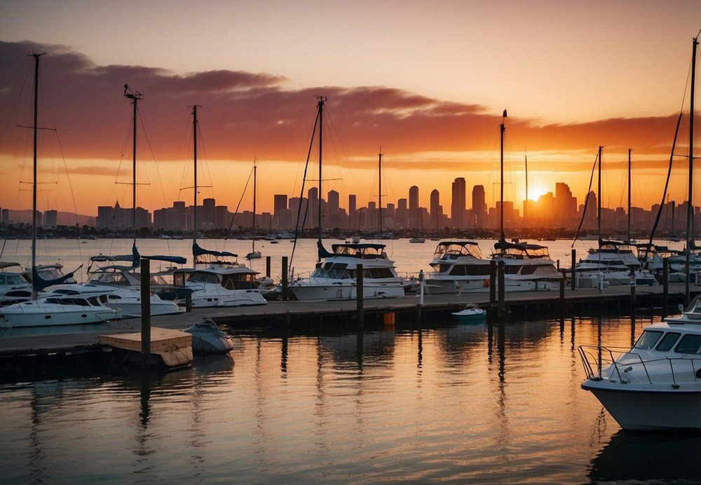 A colorful sunset over San Diego Harbor with boats gliding on the water, the iconic skyline in the background, and the famous Coronado Bridge spanning across the bay