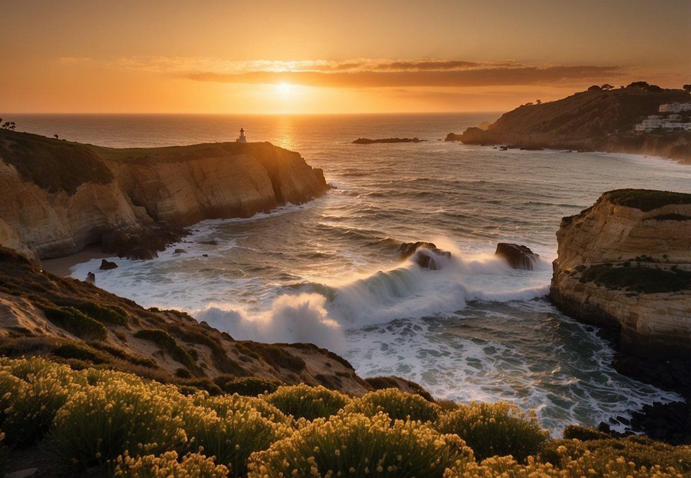 The sun sets over the rugged coastline of Point Loma, casting a golden glow on the historic lighthouse and the dramatic cliffs. Waves crash against the rocks as seabirds soar overhead, creating a picturesque scene of natural beauty and maritime history in San