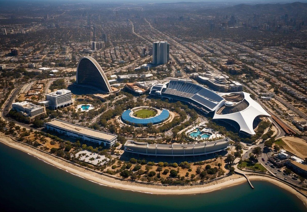 Aerial view of San Diego's iconic landmarks including the San Diego Zoo, Balboa Park, USS Midway Museum, and the Gaslamp Quarter. The city's beautiful beaches, Coronado Bridge, and SeaWorld are also featured