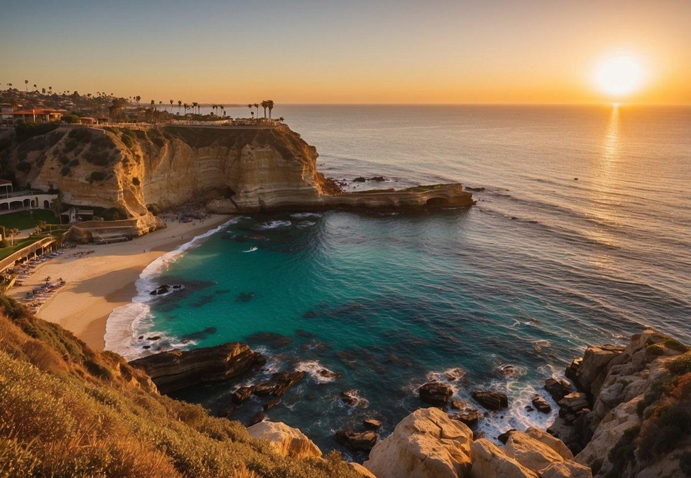 The sun sets over La Jolla Cove, casting a golden glow on the rugged cliffs and clear blue waters. Seals bask on the rocky shore as kayakers and snorkelers explore the vibrant marine life below