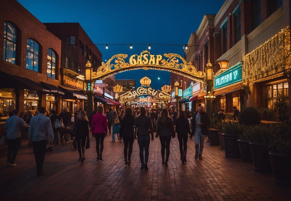 The Gaslamp Quarter bustles with vibrant nightlife and historic architecture. Neon signs illuminate the bustling streets lined with restaurants, bars, and shops. Iconic Victorian-era buildings stand tall, creating a lively and energetic atmosphere