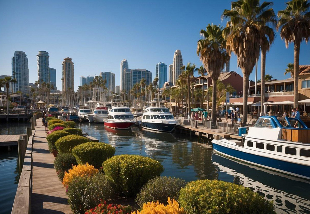 Seaport Village bustles with shops, restaurants, and entertainment. Palm trees sway in the ocean breeze, while colorful boats line the marina. The iconic San Diego skyline provides a stunning backdrop