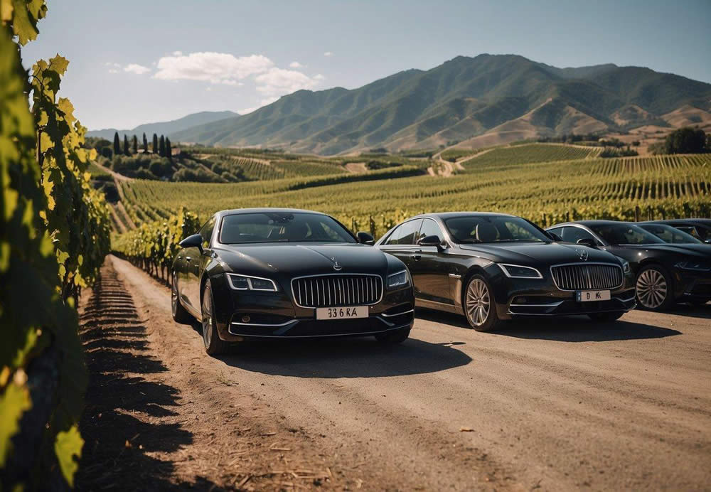 A line-up of luxury vehicles parked in front of a scenic winery, with the backdrop of rolling vineyards and mountains in the distance