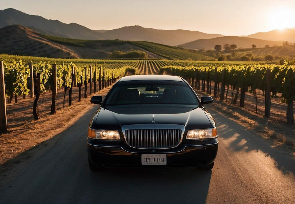 A sleek, black limousine pulls up to a lush vineyard. The sun sets behind the rolling hills as guests step out to start their Temecula wine tour