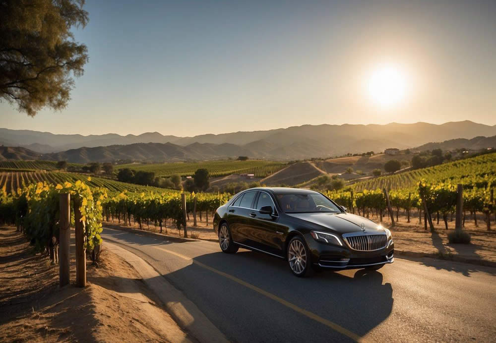 A luxury vehicle winds through scenic vineyards on a Temecula wine tour, passing by sprawling estates and tasting rooms. The sun sets behind rolling hills as guests savor unique wine experiences