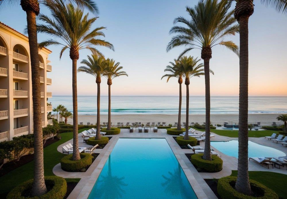 A stunning beachfront resort with palm trees, luxurious pool, and elegant architecture overlooking the sparkling waters of San Diego