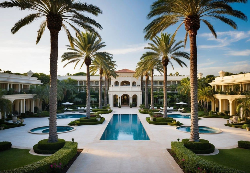 A grand, palm-lined entrance leads to a sprawling, elegant resort with lush gardens, pools, and stunning architecture