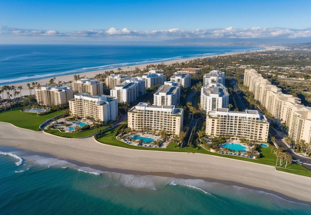 Aerial view of 10 luxurious resorts nestled along the San Diego coastline, surrounded by palm trees and pristine beaches