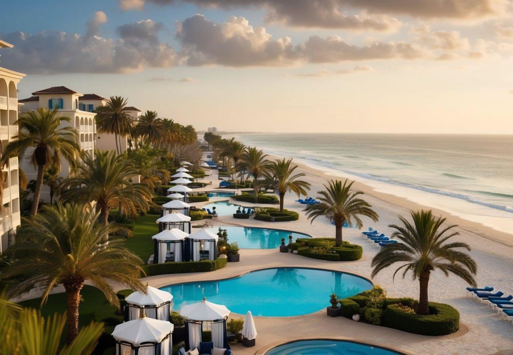 Palm-lined beachfront with opulent resorts, poolside cabanas, and ocean views