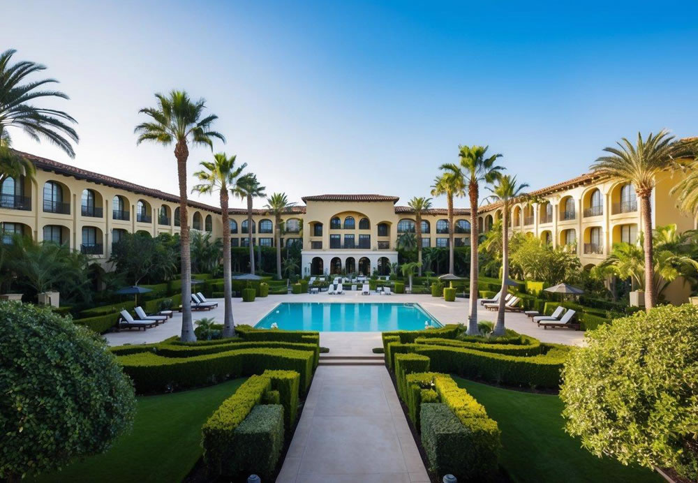 Lush greenery surrounds a luxurious resort with Spanish-style architecture, featuring a pool and palm trees under a bright San Diego sky