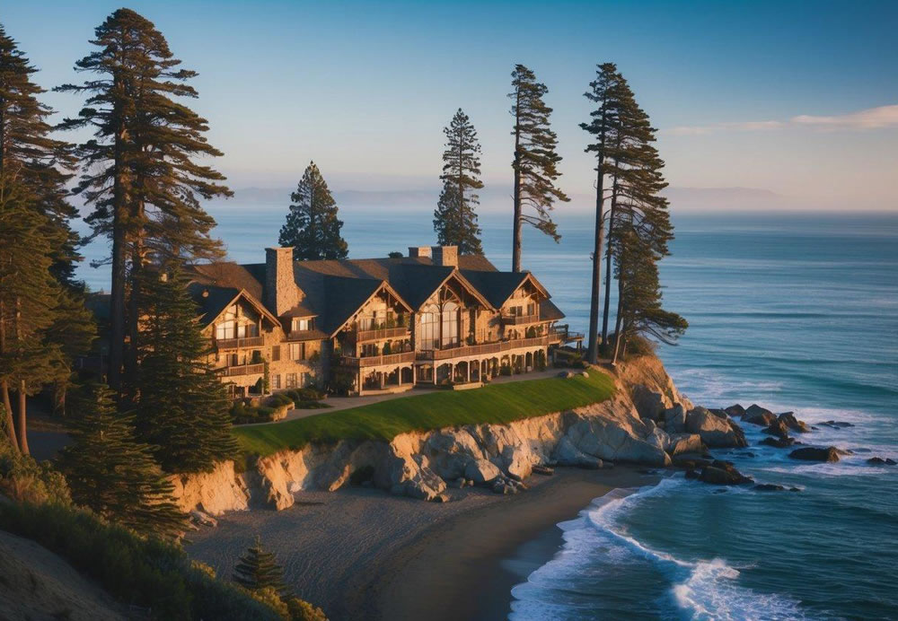 A grand, rustic lodge nestled among towering pine trees overlooking the Pacific Ocean in San Diego