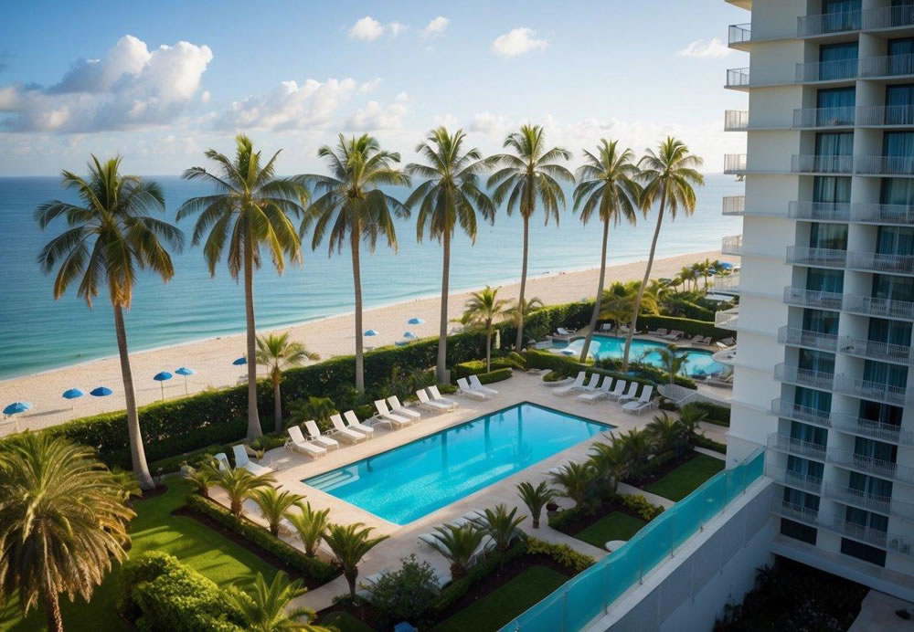 Aerial view of L'Auberge Del Mar with palm trees, pool, and oceanfront setting