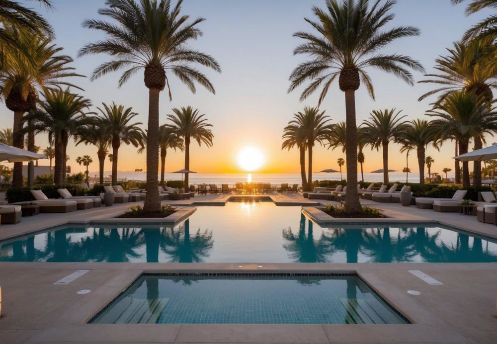 The sun sets behind the palm trees, casting a warm glow over the luxurious pool and spa area of Omni La Costa Resort & Spa in San Diego