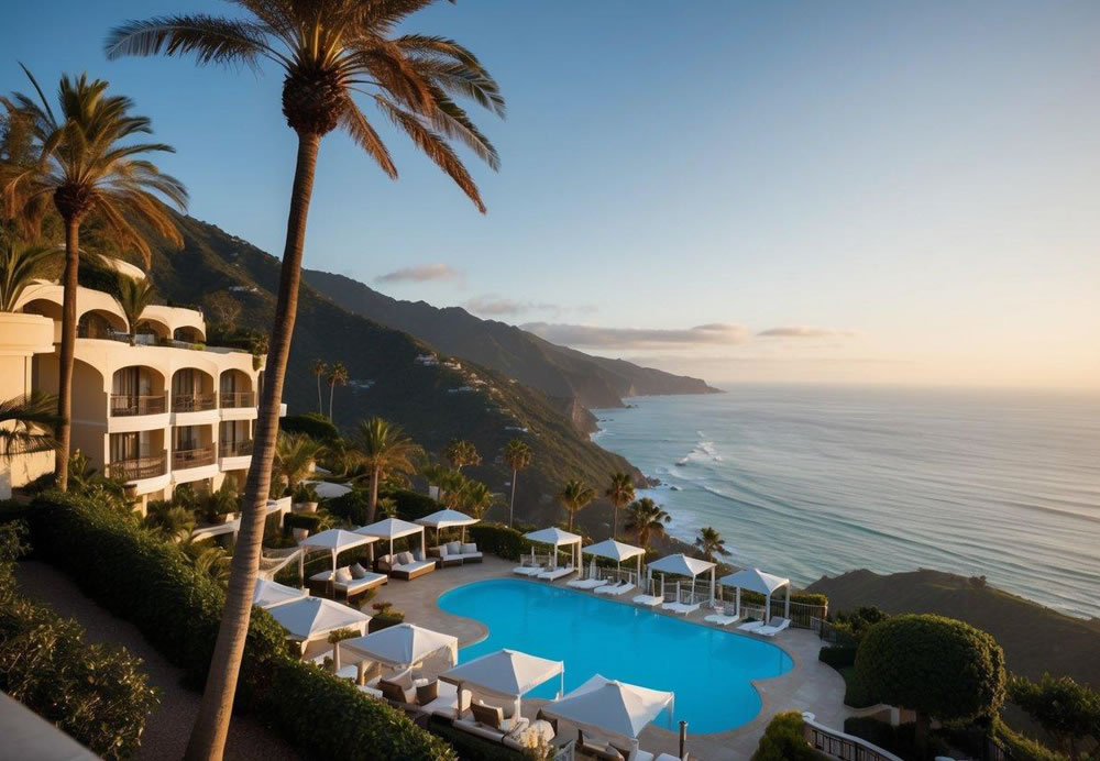 A luxurious resort nestled in the hills overlooking the Pacific Ocean, with palm trees swaying in the gentle breeze and a sparkling pool surrounded by elegant cabanas