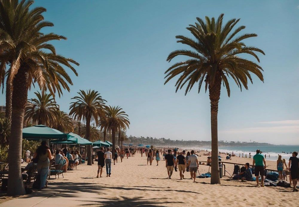 A sunny beach with palm trees and clear blue skies, surrounded by tourists and locals enjoying outdoor activities in San Diego