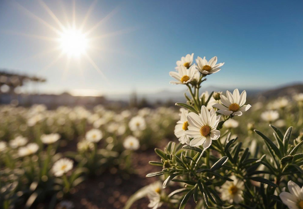 Sunny San Diego in May, with clear skies and blooming flowers